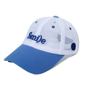 Breathable blue and white mesh baseball cap featuring Smile embroidery and sun protection