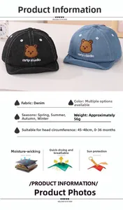 Détail de la casquette bébé en denim avec broderie ours et tissu respirant