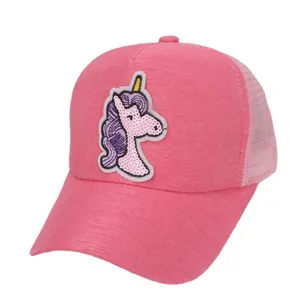 Pink kids baseball cap featuring a sequined unicorn embroidery and breathable mesh back