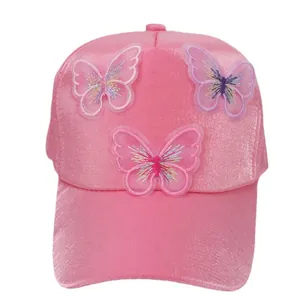 Pink breathable baseball cap for kids featuring 3D mesh butterfly embroidery with glossy finish