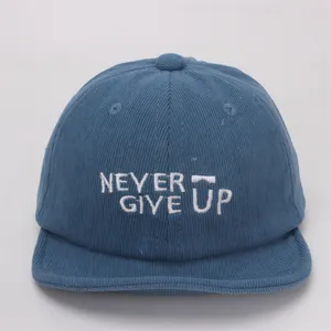 Primer plano de gorra de pana azul para bebé con bordado blanco Never Give Up