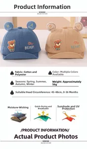 Detailed view of baby corduroy baseball caps with cute bear ears and embroidery
