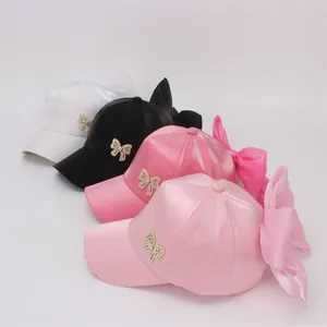 Kids baseball cap with satin bow and pearl butterfly available in four sweet colors