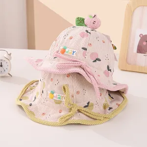Winter corduroy baby bucket hats with fruit pattern and adjustable drawstring
