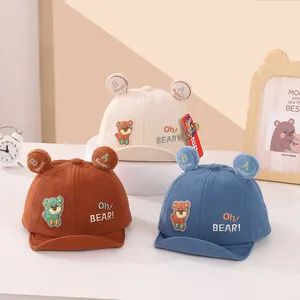 Detailed corduroy texture and bear embroidery on various baby soft brim baseball caps