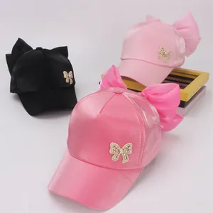Kids Girls Satin Bow Baseball Cap Pearl Rhinestone Princess Sun Hat Sweet Adjustable Outdoor Travel Headwear