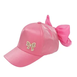 Pink satin girls' baseball cap with pearl butterfly and large organza bow on back