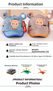 Infant bear ear baseball cap with detailed size chart and fabric specifications