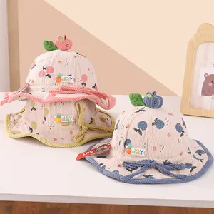 Kids Corduroy Fisherman Hat Fruit Print 3D Cherry Decor Winter Warm Bucket Hat For Toddler Boys Girls Cute Outdoor Sun Cap