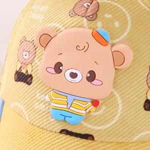 Yellow corduroy toddler baseball cap with 3D cartoon bear and Keep Smile print