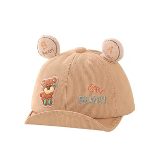 Japanese style khaki corduroy baby baseball cap with cute bear ears and embroidery