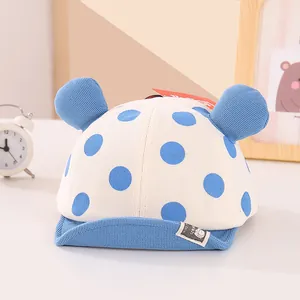 Cute polka dot baby baseball cap with 3D ears and blue brim for infants 0-3 years