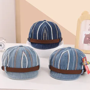 Casquette Gavroche en Denim à Rayures pour Enfants Bébé Retro Coton Béret Casquette à Visière Automne Hiver Chaud Accessoire