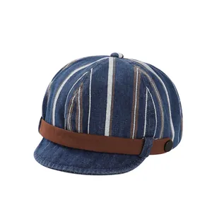 Casquette de baseball en jean rayé pour enfants avec bande en cuir marron vintage