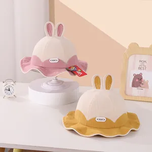 Cute baby bunny ear corduroy bucket hat with heart label for autumn and winter