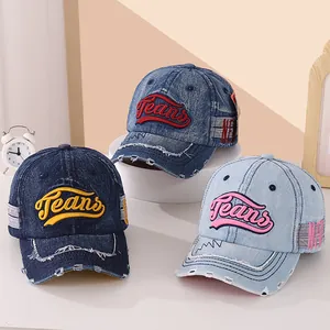 Casquette de Baseball en Denim pour Enfants Rétro Vieilli Broderie Jeans Chapeau de Soleil pour Garçons Filles École