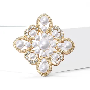 Baroque hollow pearl brooch in gold finish with crystals for bridal wedding attire