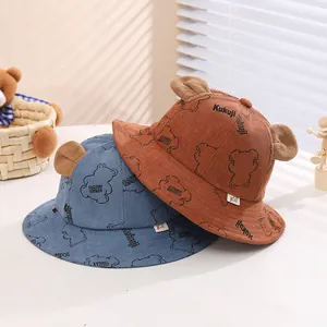 Corduroy baby bucket hats with cute bear ears and cartoon prints for autumn winter