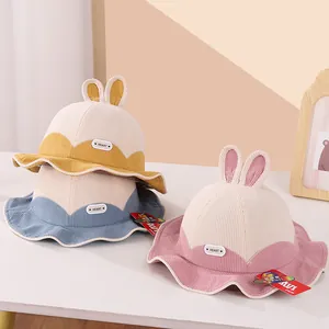 Cute Bunny Ears Kids Bucket Hat Patchwork Corduroy Cotton Fisherman Cap Soft Warm Sun Hat For Toddler Boys Girls Daily Wear