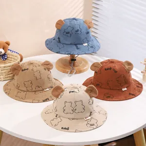 Kids Corduroy Bucket Hat 3D Bear Ears Cartoon Bear Print Adjustable Windproof Strap Warm Autumn Winter Sun Hat For Toddlers