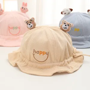 Cappello pescatore neonato con orecchie di peluche e ricamo viso felice in vari colori