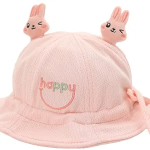 Cappello a secchiello rosa per neonati con orecchie di coniglio 3D e ricamo smile