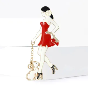 Fashionable enamel brooch of elegant woman in red dress with white pet accessory