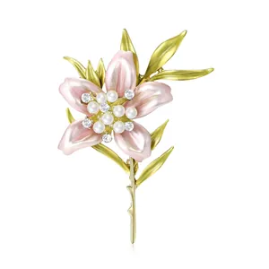 Elegant gold flower brooch with pink enamel petals, white pearls and sparkling crystals