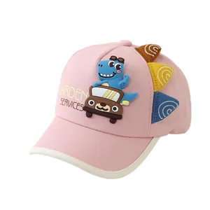Pink cotton kids baseball cap with 3D dinosaur car patch and spiked side details