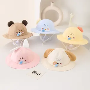 Collection of cartoon animal baby sun hats in five colors with windproof chin straps