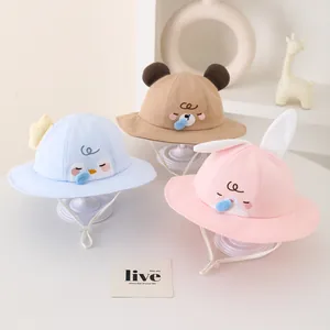 Cute Kids Cartoon Fisherman Hat Cotton Sunshade Bucket Hat With 3D Animal Ears Adjustable Windproof Rope For Baby Toddler