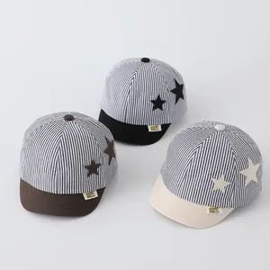 Three-piece set of baby stripe baseball caps in brown, black, and beige colors