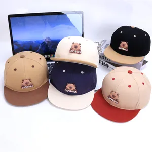 Multi-color kids baseball caps featuring cartoon capybara embroidery on cotton fabric