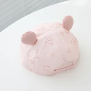 Pink cotton baby baseball cap with cute bear ears and adjustable velcro strap back