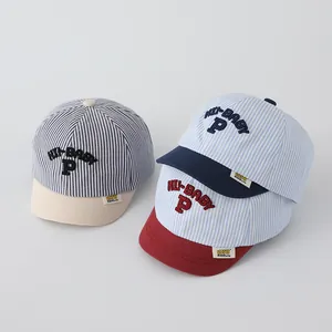 Detail of baby striped baseball caps with HI-BABY P embroidery and breathable cotton fabric