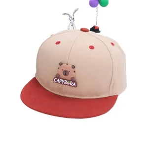 Kids color-block flat brim baseball cap with a cute cartoon capybara patch decoration