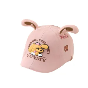 Gorra rosa de algodón para bebé con lindas orejas 3D y parche de perro para el sol