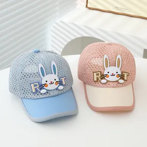 Breathable mesh kids baseball caps with 3D cartoon bunny in light blue and pink colors