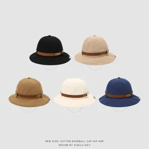 Detailed view of children cotton sun hats in five colors with windproof chin straps