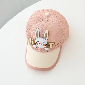 Detail of pink mesh kids baseball cap showing breathable texture and 3D bunny patch