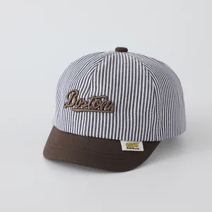 Toddler striped baseball cap with Boston embroidery and brown brim for sun protection