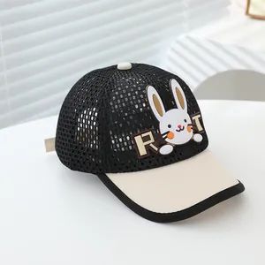 Close-up of kids mesh baseball cap featuring a cute 3D bunny patch and breathable fabric