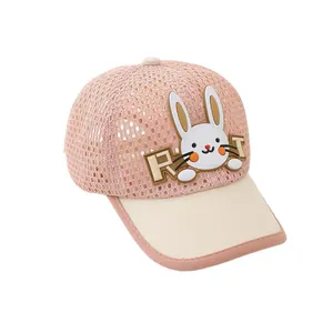 Pink breathable mesh kids baseball cap featuring cute 3D bunny ears and embroidered letters