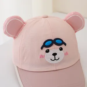Pink quick-dry kids baseball cap with 3D bear ears and cartoon glasses embroidery