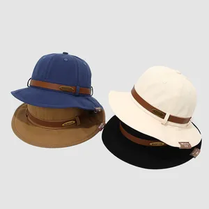 Kids Cotton Bucket Hat Solid Color Summer Sun Protection Fisherman Hat With Leather Band Metal Badge For 1-3 Years Old