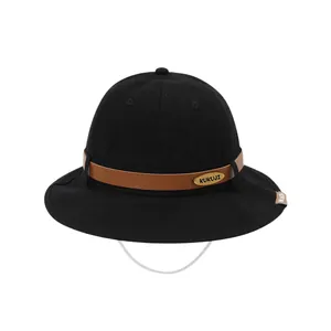 Classic black cotton bucket hat for girls with leather strap and adjustable chin cord