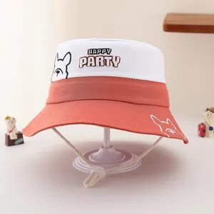 Chapeau de soleil enfant en coton bicolore avec broderie chien Happy Party