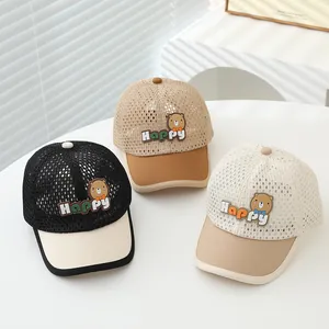 Kids summer mesh baseball cap set with cartoon bear patch in black, khaki and beige