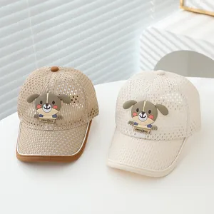 Macro view of breathable mesh fabric on kids baseball caps with cute dog patch decoration