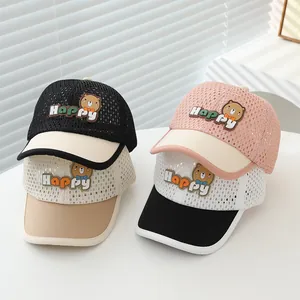 Kids Mesh Baseball Cap Summer Breathable Sun Hat Cartoon Bear Happy Embroidery Patch Adjustable Trucker Hat For Boys Girls